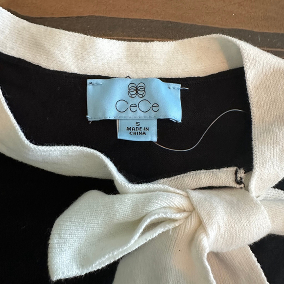 New CeCe Black White Bow Collar Long Sleeve Sweater Size S Puff Sleeve - Picture 2 of 7
